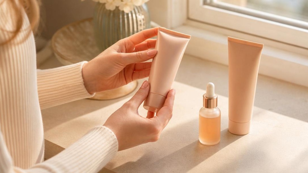 тюбики skincare-средств на фоне мягкого утреннего света