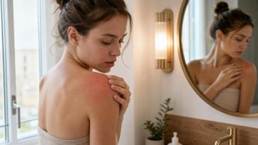 женщина осматривает покрасневшую кожу плеча после солнца