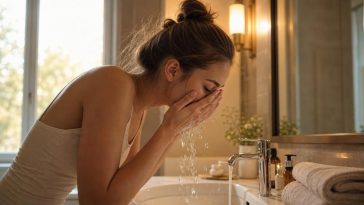 женщина умывается у раковины, уход за проблемной кожей