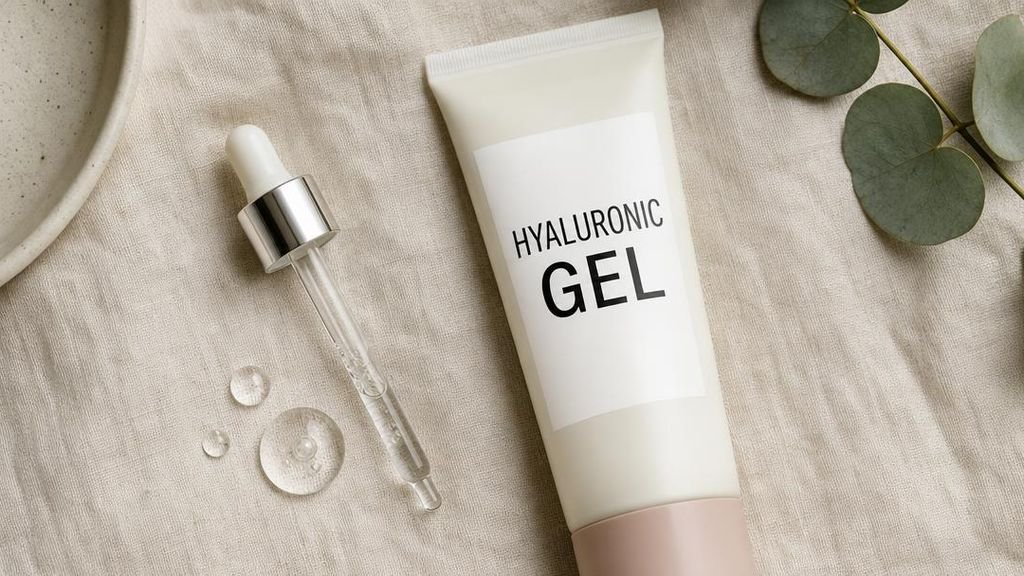 Пипетка и тюбик геля с надписью HYALURONIC GEL на светлом льне