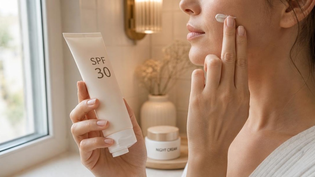 нанесение дневного крема с SPF у окна