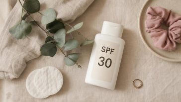 Минималистичный флет-лей с флаконом SPF и ватными дисками после чистки