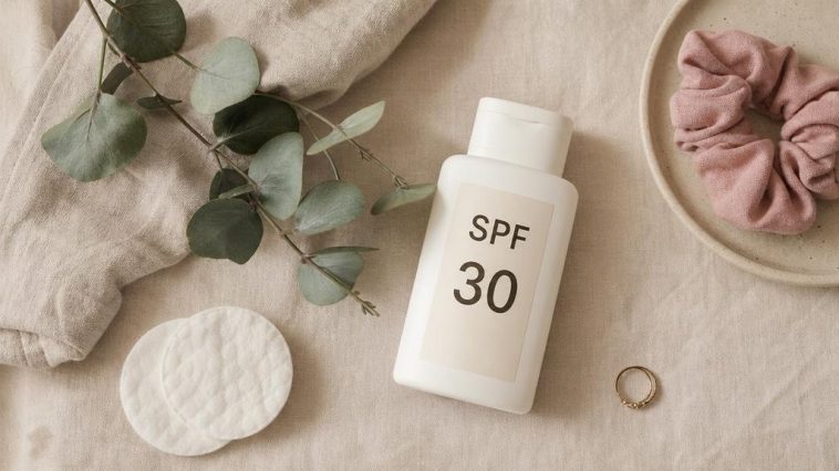 Минималистичный флет-лей с флаконом SPF и ватными дисками после чистки