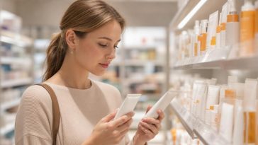 женщина выбирает солнцезащитный крем SPF 30 или 50 в аптеке