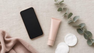 косметика и смартфон на светлой поверхности, тема прыщей на щеке