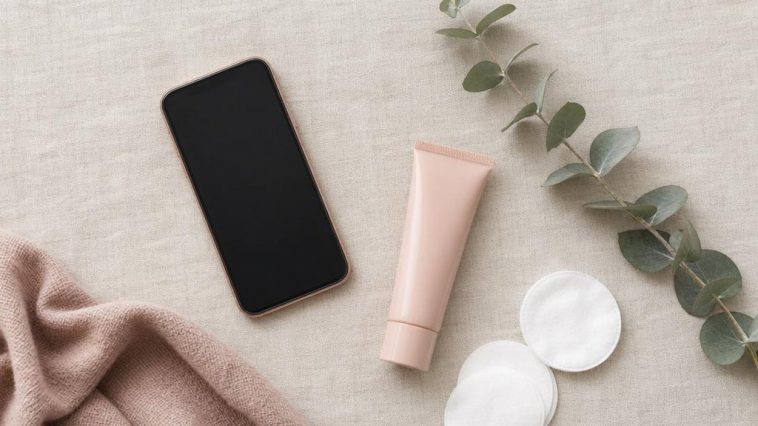 косметика и смартфон на светлой поверхности, тема прыщей на щеке