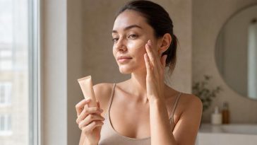 молодая женщина наносит тинт с SPF утром у окна