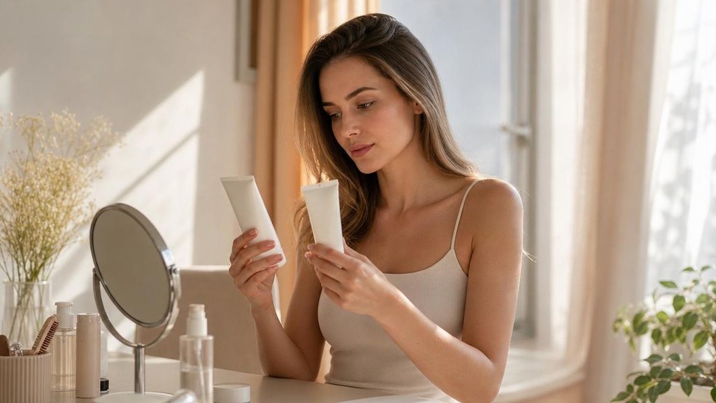 тюбик тинта с SPF на туалетном столике в утреннем свете