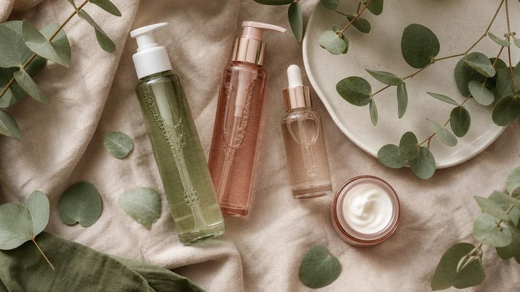 несколько косметических флаконов для ухода с SPF на светлом фоне